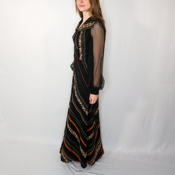 VINTAGE Floral & Striped Sheer Sleeve Maxi Dress - Picture 5 of 7